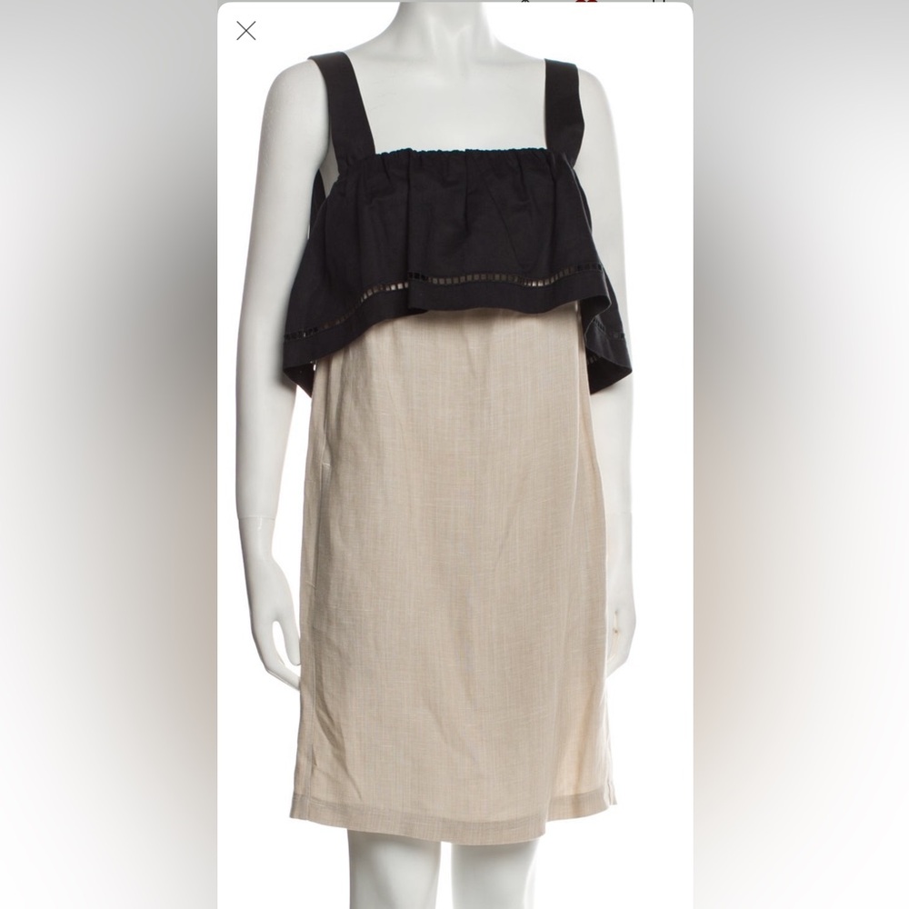 $650 TELA Cima Color Block Linen Shift Dress Black Tan with Pockets Size Small